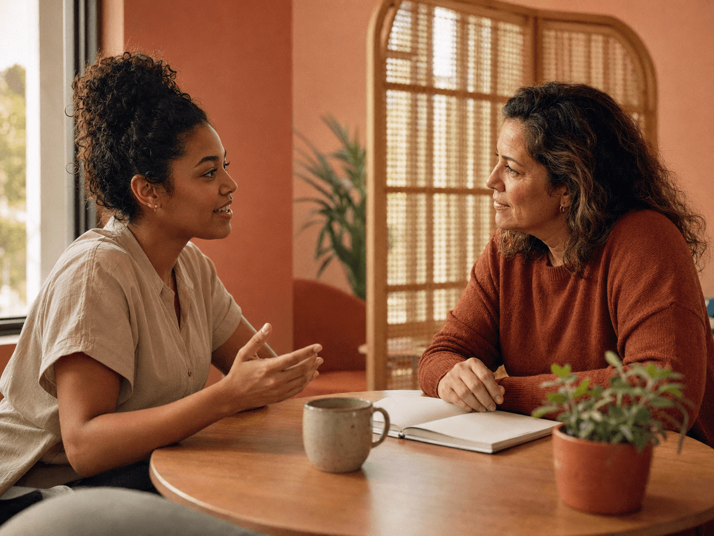 Supervisora de qualidade conversa com uma agente sobre o feedback de um atendimento